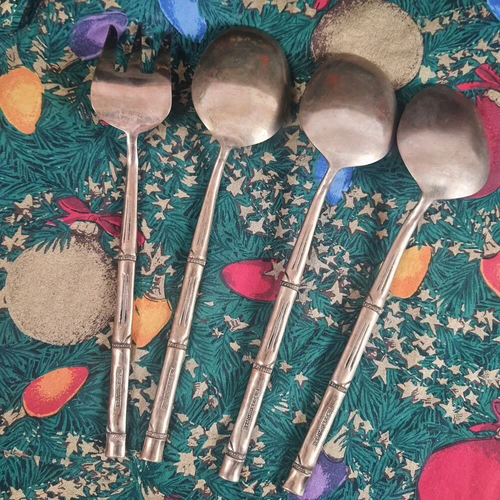 VTG 70’s Lot Of 4 Nickel Bronze Serving Spoon Carving Fork Faux Bamboo Serveware